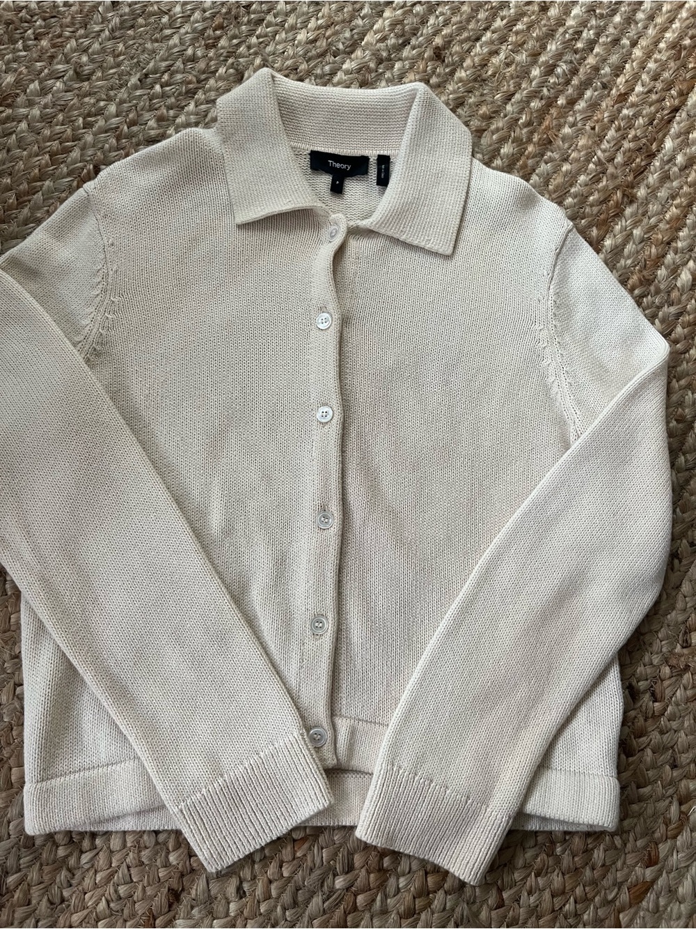 Theory Cream Button-Front Collared Knit Cardigan